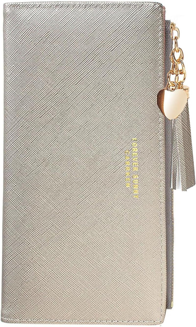 KOTORA Womens Slim Wallet Girls Thin Wallets Pretty Mini Long Card Holder Small Tiny Clutch Zip Purse Love Pendant Tassels Billfold (Bee Gold) - Image 1